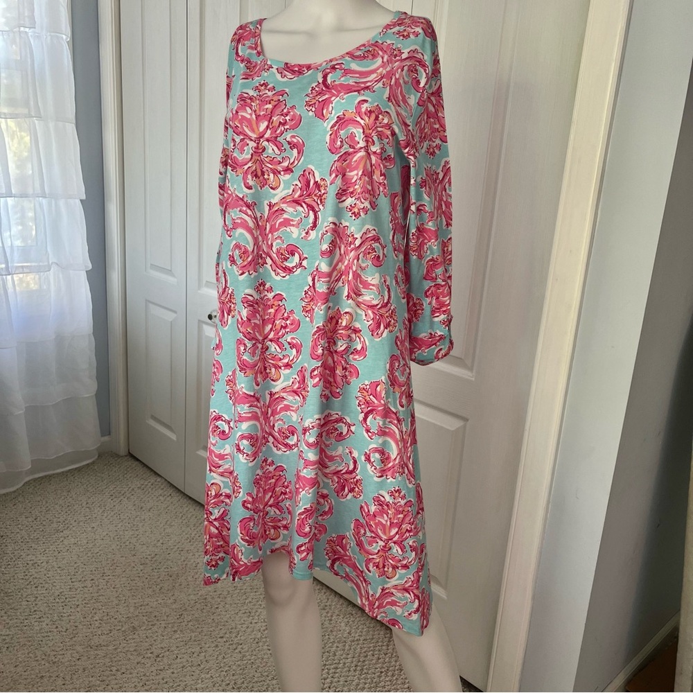 Caribbean Joe Dress Pink Blue Cotton Stretch Lightweight floral Beach size Large